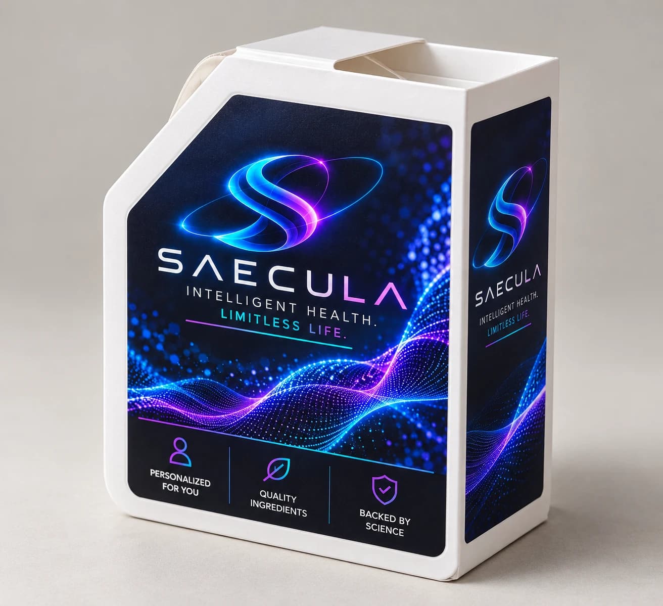 SAECULA supplement carton in three-quarter view, with a 45-degree upper-left corner and white paperboard frame